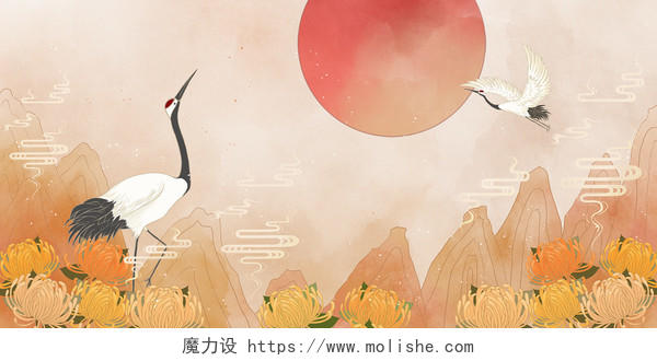 清明清明节复古风重阳节仙鹤菊花插画素材背景